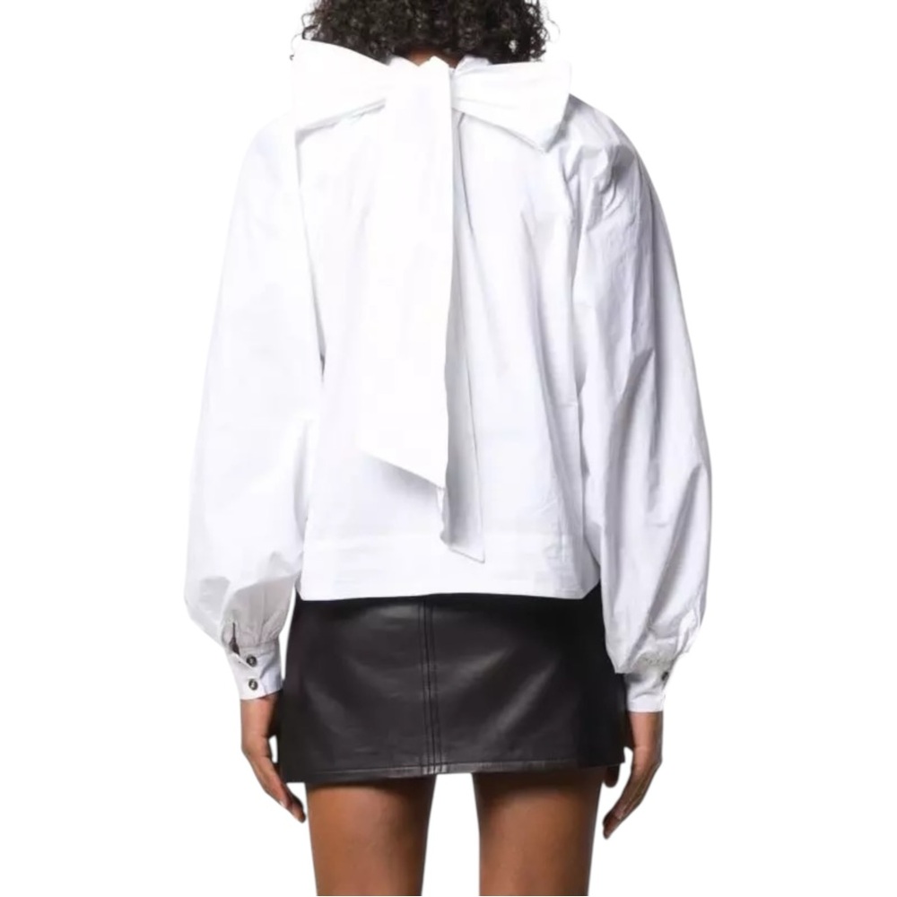 NWT GANNI High Neck White Cotton Crisp Boxy Poplin Bow Blouse Size 34 / XS - Picture 2 of 8